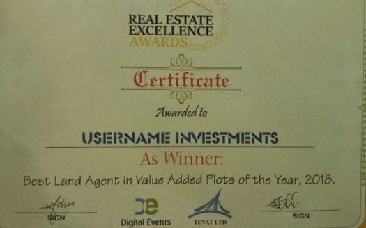 Username awarded The 2018 Best Land and Investment Company