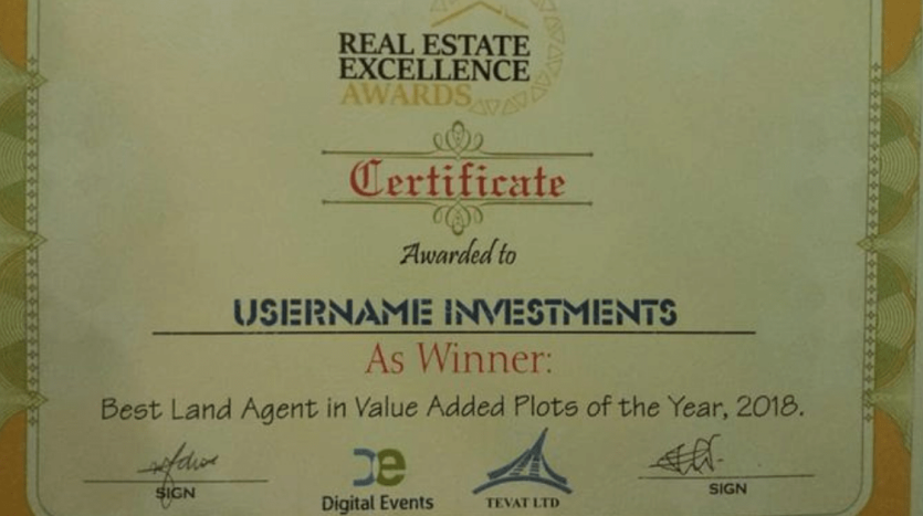 Username awarded The 2018 Best Land and Investment Company